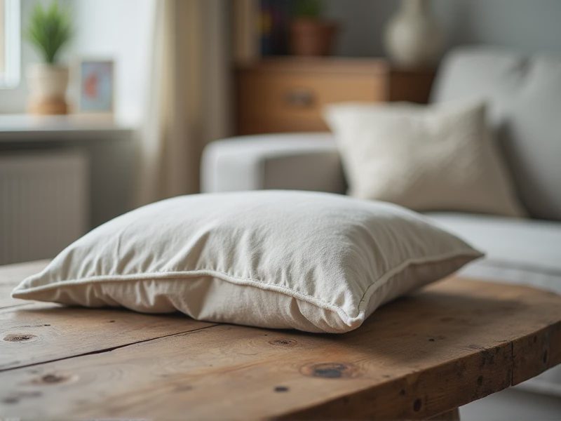 A wooden coffee table and a fabric sofa on one side
