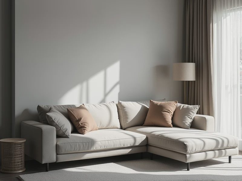 At the center of the image is a flawless, wrinkle-free synthetic-fiber sofa adorned with highly stylized throw pillows.