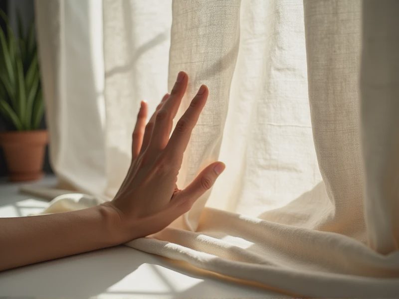 A hand is touching a linen curtain.