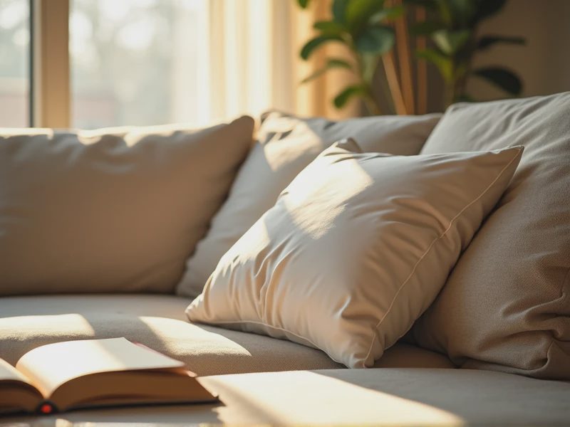 There is a sofa bathed in sunlight in the corner of the living room.