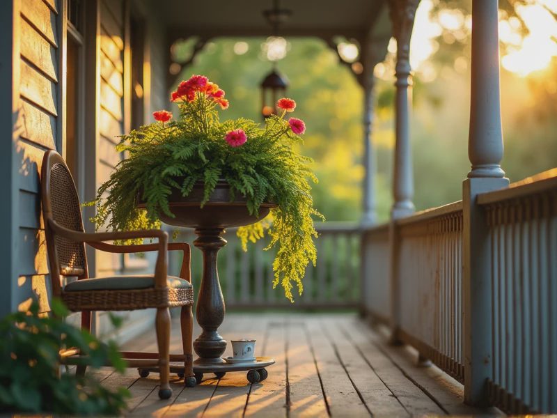An antique plant stand adorned with lush ferns and geraniums.