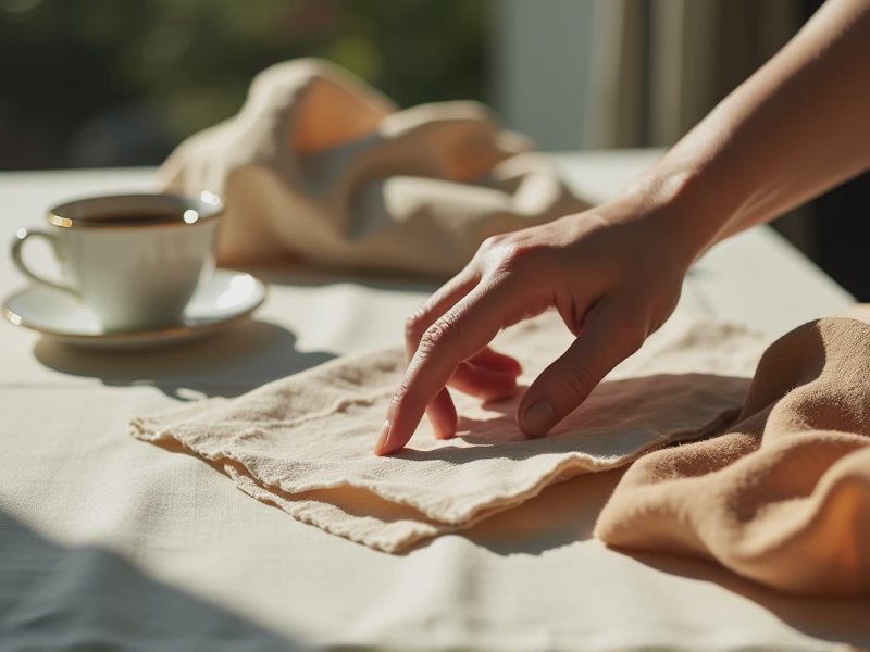 A hand is gently stroking a swatch of linen or velvet with a fine texture.