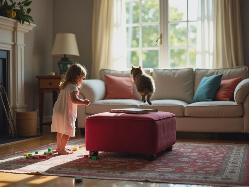 The girl is playing with the cat in the living room.