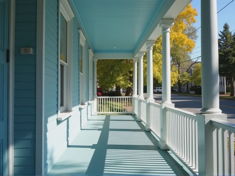 Shot from inside the porch outward, emphasizing the deep eaves and open railing.