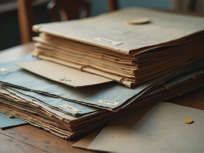 Several worn, old sample books are stacked in the image.