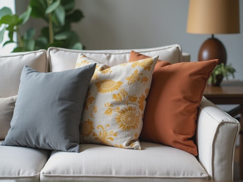 Display three throw pillows of different sizes arranged in distinct layers—larger 24-inch structured pillows at the back