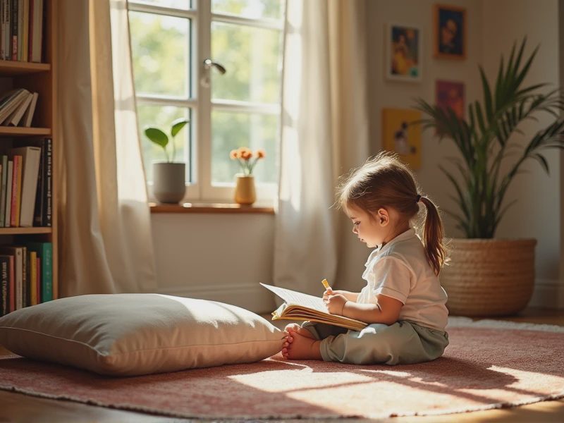 A girl is reading in a children's room.