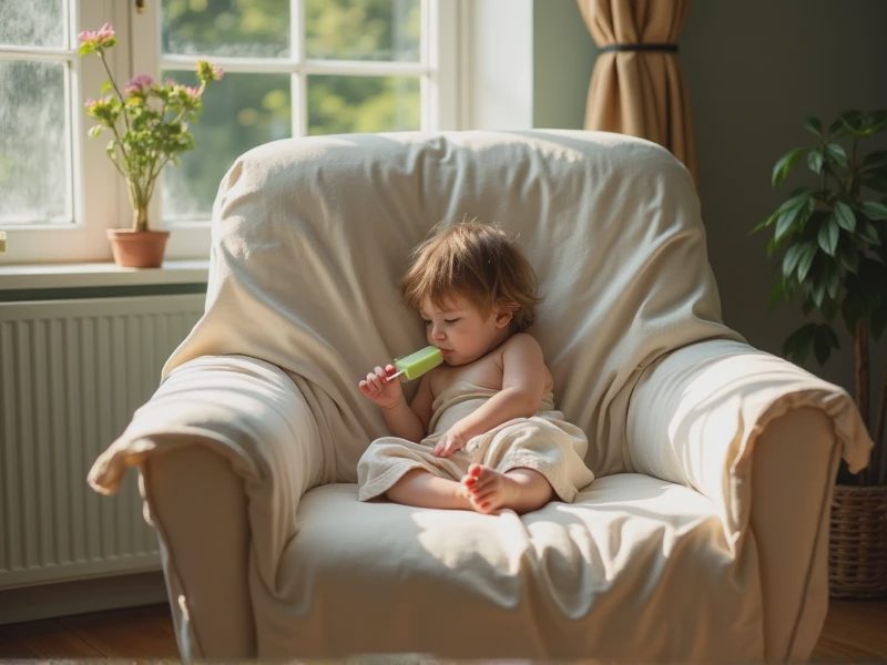 A barefoot child is curled up on the sofa eating a popsicle.