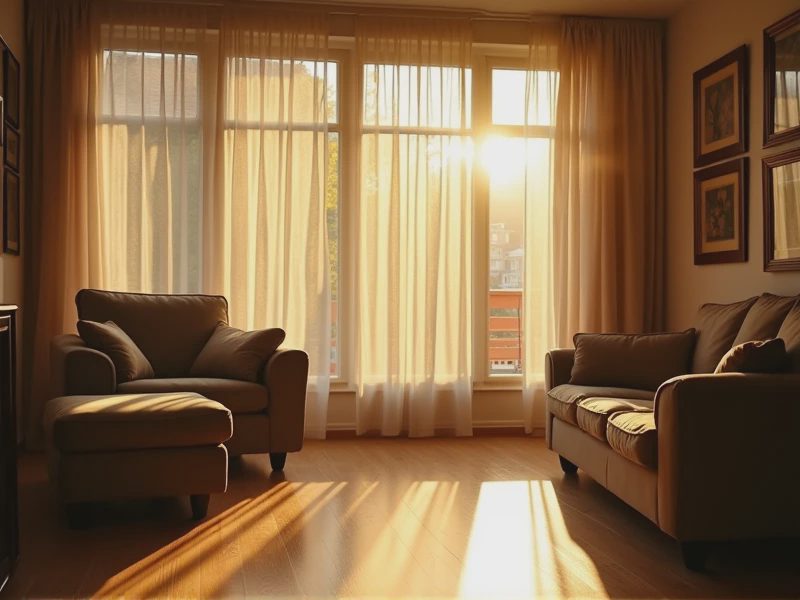 Living room around 4 p.m., side view of a large window.