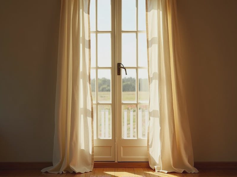 A window hung with linen curtains.