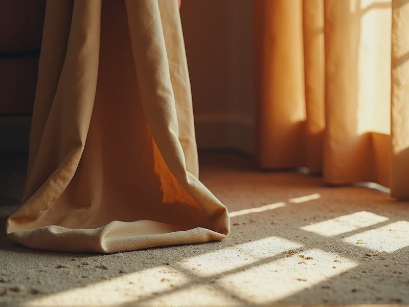 Close-up shot of the junction between the bottom of the curtain and the floor.