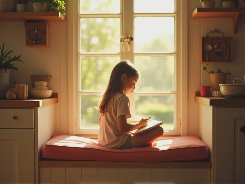 The girl is doing her homework while basking in the sun.