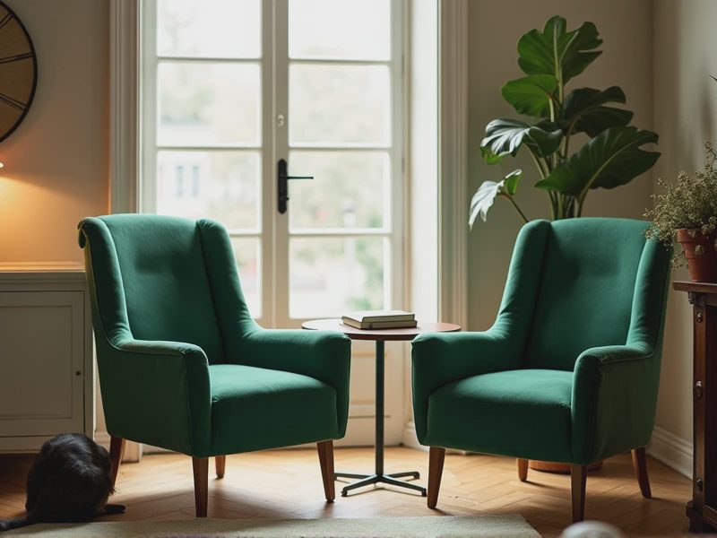 Two green dining chairs.