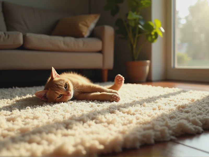 A cat is lying on the carpet.