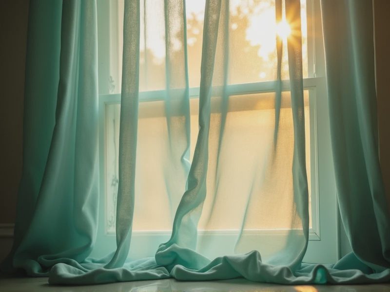 A window hung with translucent sea-glass blue-green linen curtains.