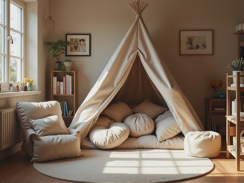 Several cushions are piled up to form a fortress, and there are several books on the floor.
