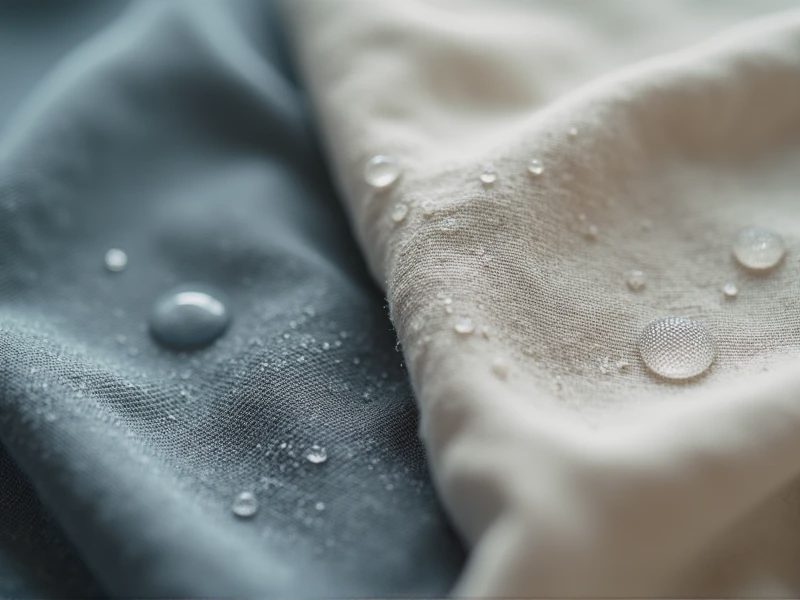 Two pieces of fabric made of different materials placed side by side on a damp surface.