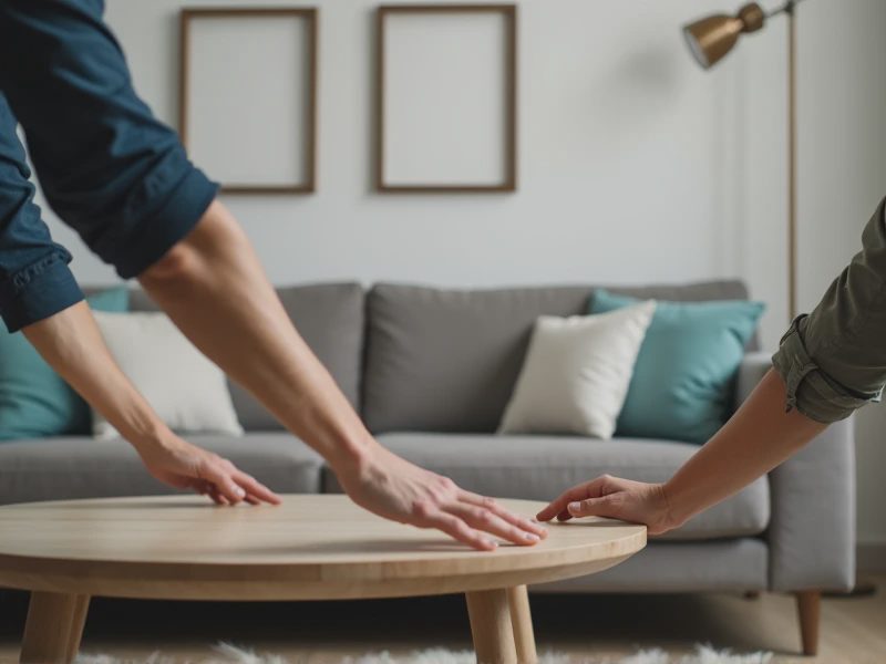Two people are moving a low coffee table.