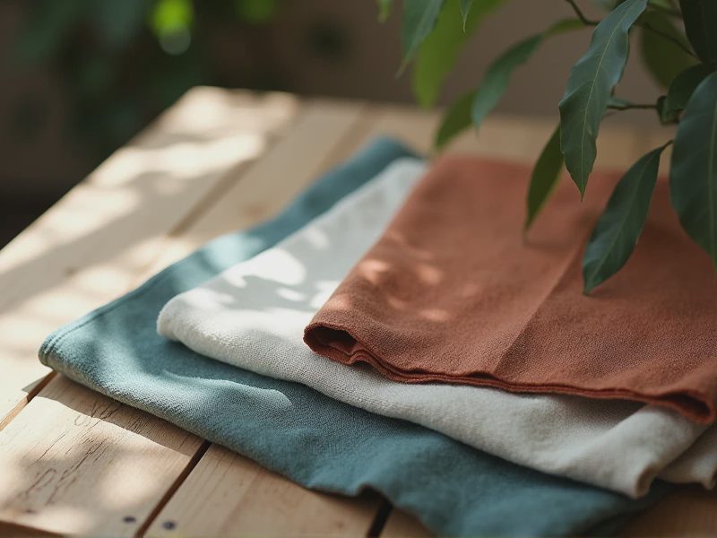 Several fabric swatches are neatly arranged on a wooden tabletop.
