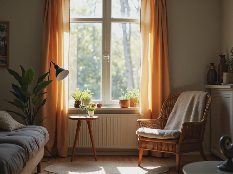 A table beside a single-seat chair is piled with items representing different seasons.