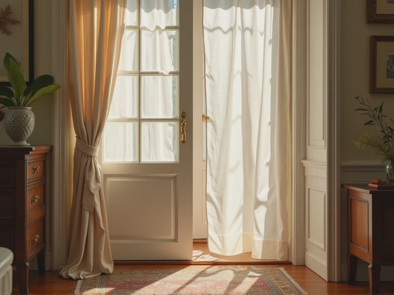 Close-up of the entry door beside the porch, featuring sidelights.