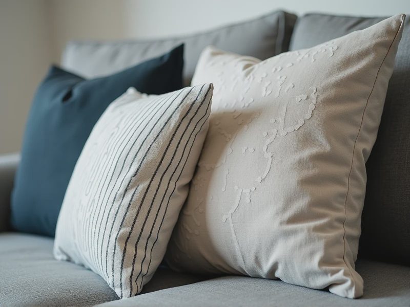 Close-up of two throw pillows of different sizes leaning against each other on a sofa.