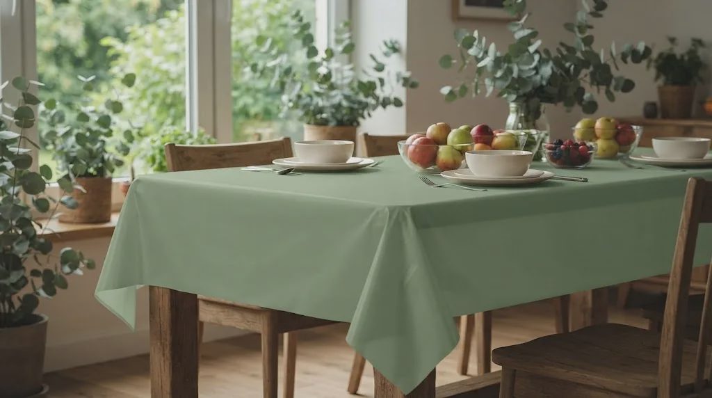 A soft-focus candid photo of a family dining table set with a soft sage green plastic tablecloth, surrounded by potted eucalyptus plants.