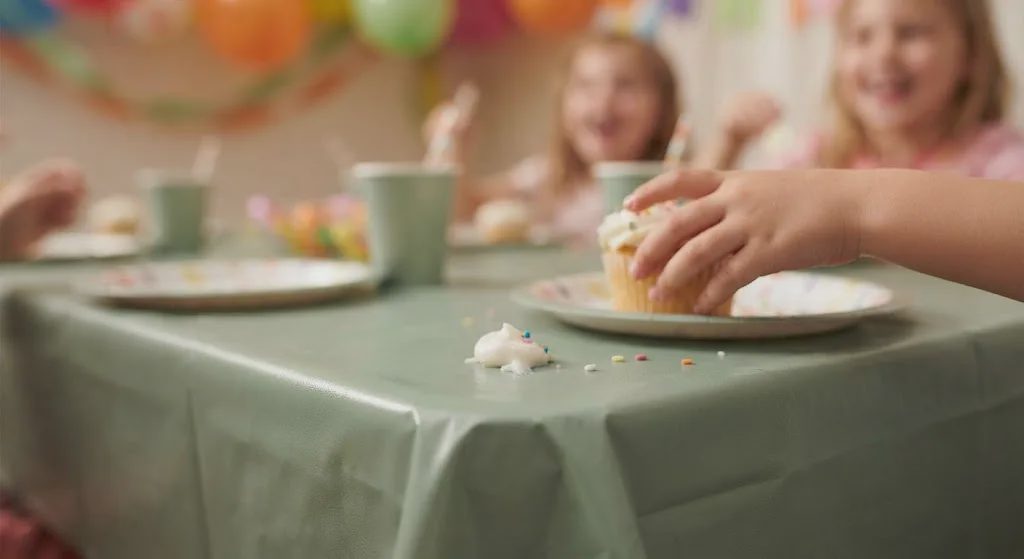 A close-up candid shot of a child's birthday party table with a sage green cloth, capturing a spilled crumb and highlighting its easy-to-clean surface.