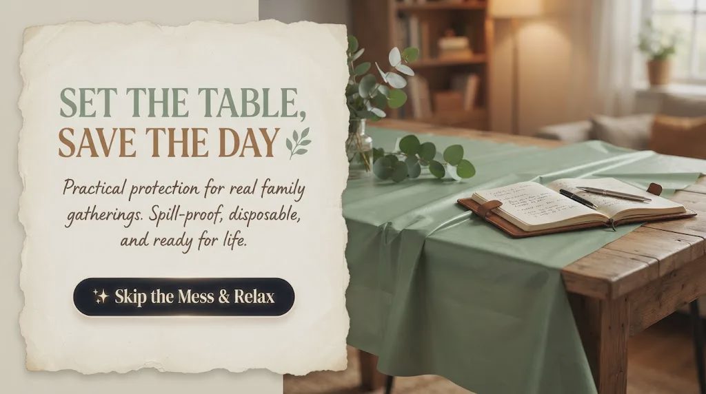 Sage green tablecloth with a notebook on a wooden table beside a vintage paper card with text.