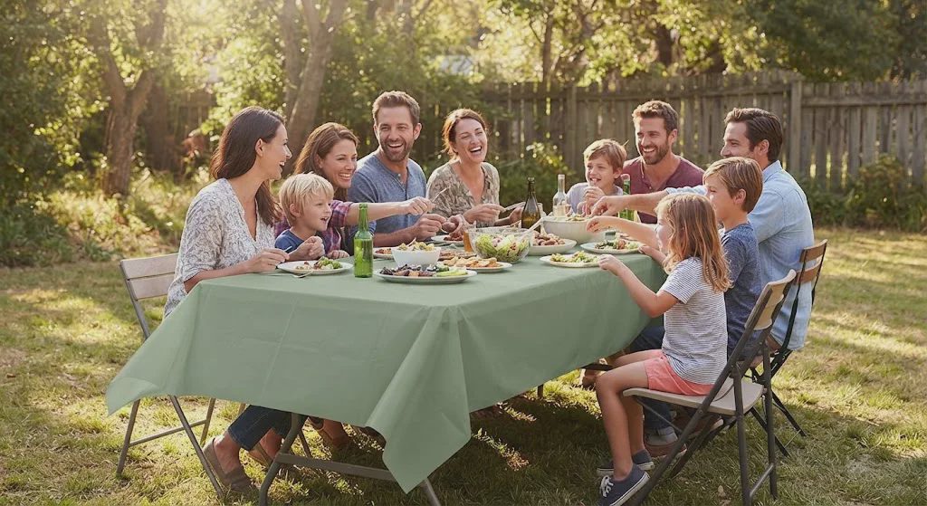 An outdoor candid shot of a backyard picnic table covered with a sage green disposable cloth, with people enjoying food and conversation.