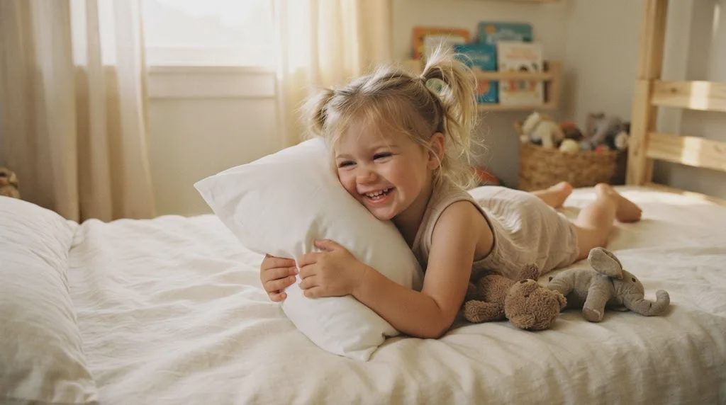 A young girl with pigtails, smiling widely, happily hugs a white ZPECC Toddler Pillow on a cozy, linen-covered bed in a bright, sunlit room.