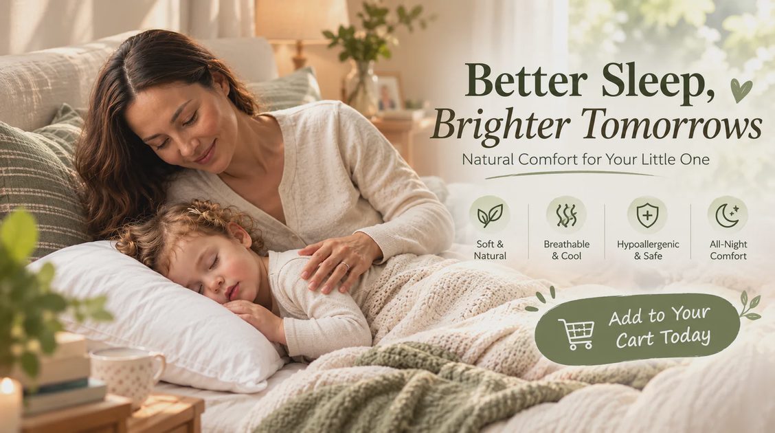A smiling mother gently comforting her toddler sleeping peacefully on a cozy white pillow in a sunlit, warm bedroom setting.