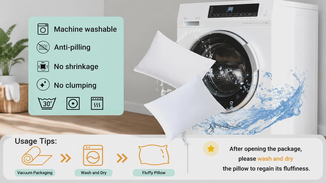 A graphic showing a washing machine with a white ZPECC Toddler Pillow, highlighting features like machine washable and usage tips.
