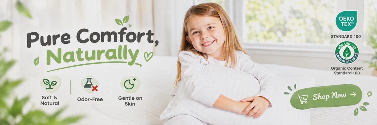 A happy young girl hugging a white pillow on a bed, surrounded by product feature icons and certification logos.
