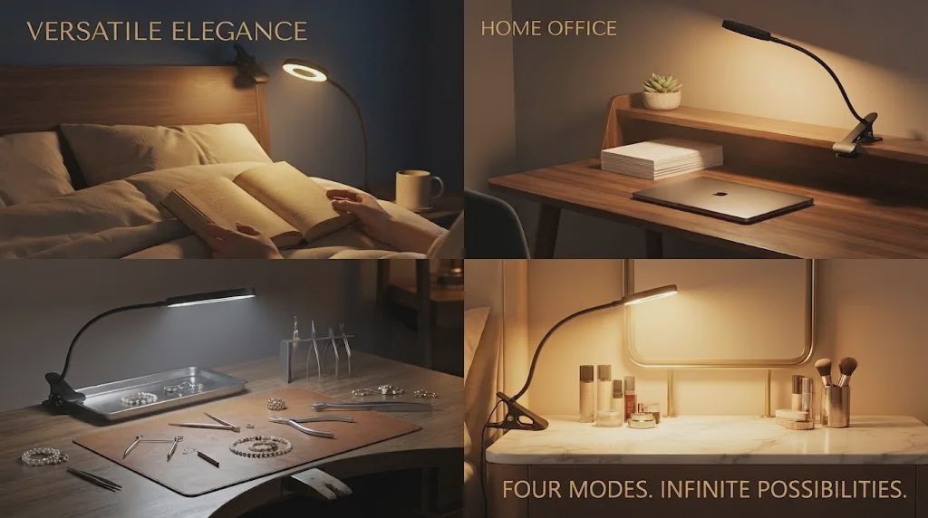 A 16:9 cinematic multi-panel e-commerce banner showcasing a versatile clip-on LED lamp used by people in four lifestyle scenes.