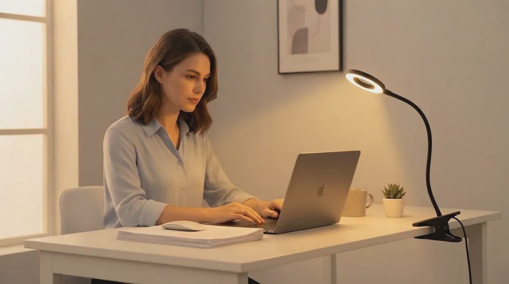 A young American woman working at a modern home office desk illuminated by a matte black clip-on LED lamp.