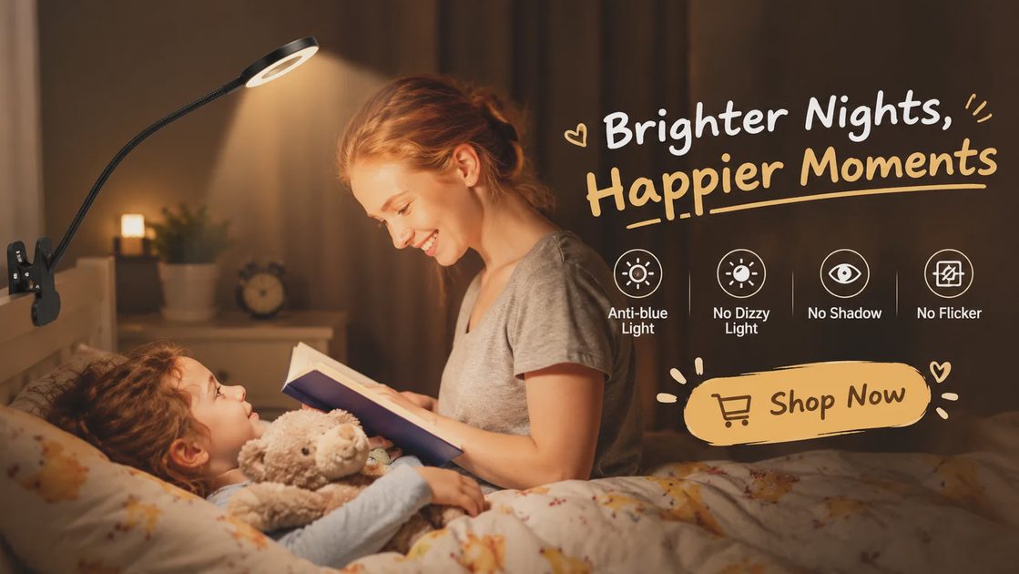 A mother reads a book to her child in bed, illuminated by a clip-on LED desk lamp.