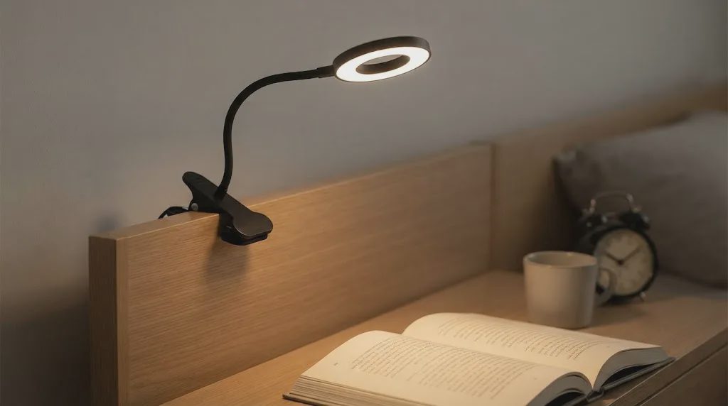 Matte black iZELL clip-on LED desk lamp illuminating an open book on a wooden headboard.