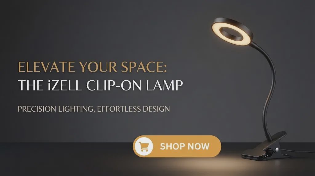 A 16:9 minimalist e-commerce banner showcasing a matte black clip-on LED desk lamp with a warm golden-orange Shop Now button.