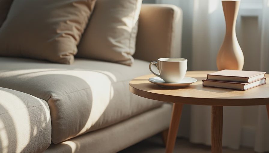 A documentary style shot of a modern table lamp placed next to a stack of books on a family room side table.