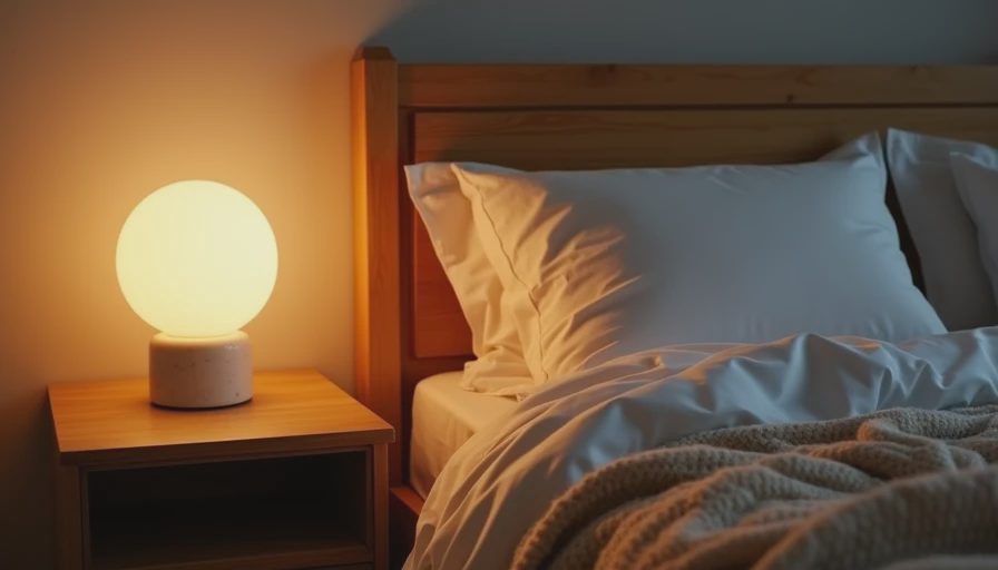 A documentary style photo of a cozy bedroom bedside table illuminated by a warm glowing marble lamp at night.