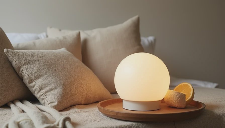 A documentary style detail shot of a modern lamp base mixed with natural linen and cozy textiles on a home surface.