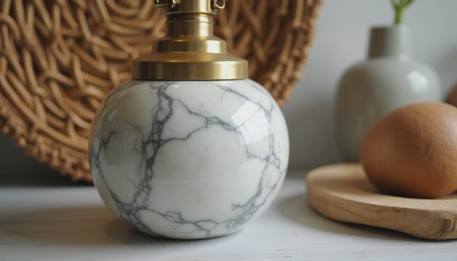 A documentary style detail shot of a marble lamp base mixed with brass hardware and natural textures on a home surface.