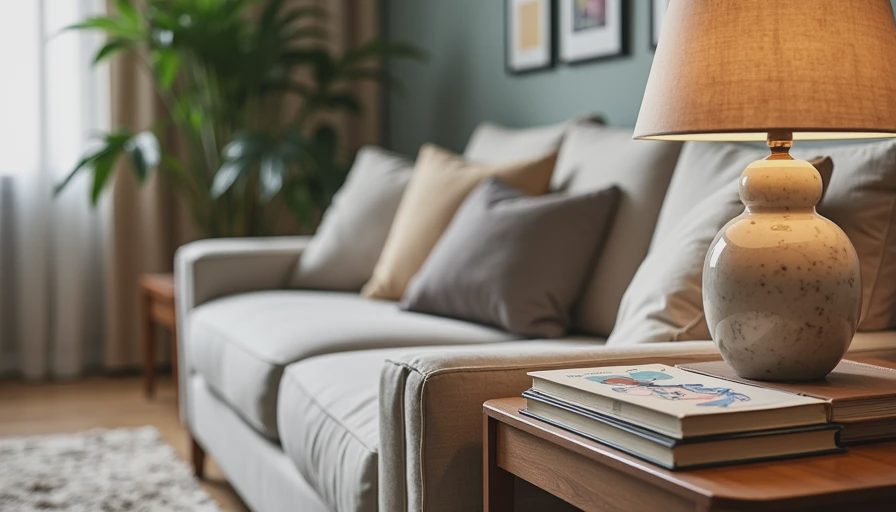 A documentary style shot of a solid marble table lamp placed next to a stack of books on a family room side table.