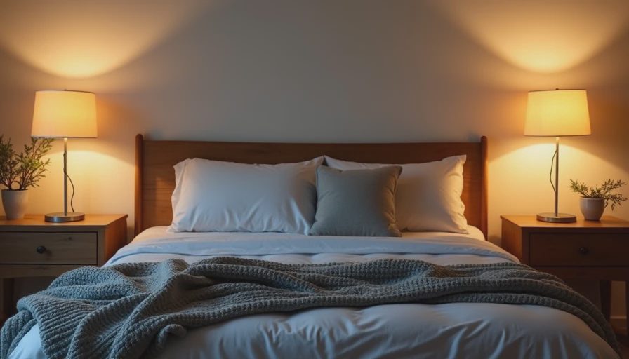 A documentary style photo of a cozy bedroom bedside table illuminated by a warm glowing modern lamp at night.