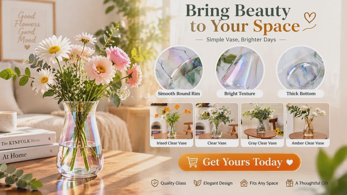 An iridescent glass vase filled with a fresh bouquet of white daisies and pink cosmos sits on a wooden table. Sunlight streams from a window, creating a soft, bright background with a couch and books. Text reads "Bring Beauty to Your Space". The image also displays smaller product detail circles and alternative vase colors.