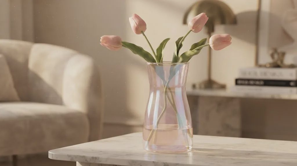 Pink tulips in an iridescent glass vase on a marble table inside a cozy, bright room.