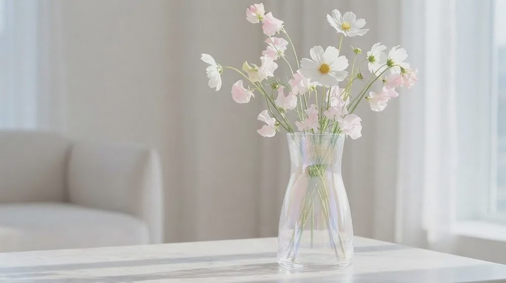 A soft-focus photograph captures a glass vase filled with light pink and white cosmos flowers, placed on a bright marble surface near a window.