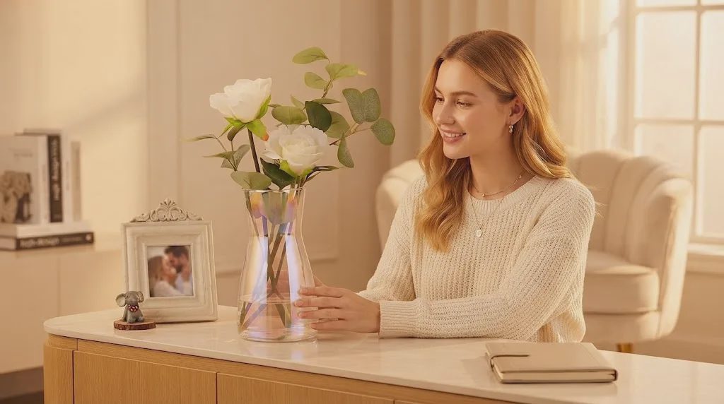 A smiling woman in a cream sweater holds an iridescent glass vase with white artificial flowers and green eucalyptus on a light table in a sunny room. The table also holds an ornate picture frame, a small elephant figure, and a closed notebook. A blurred armchair and window are in the background.